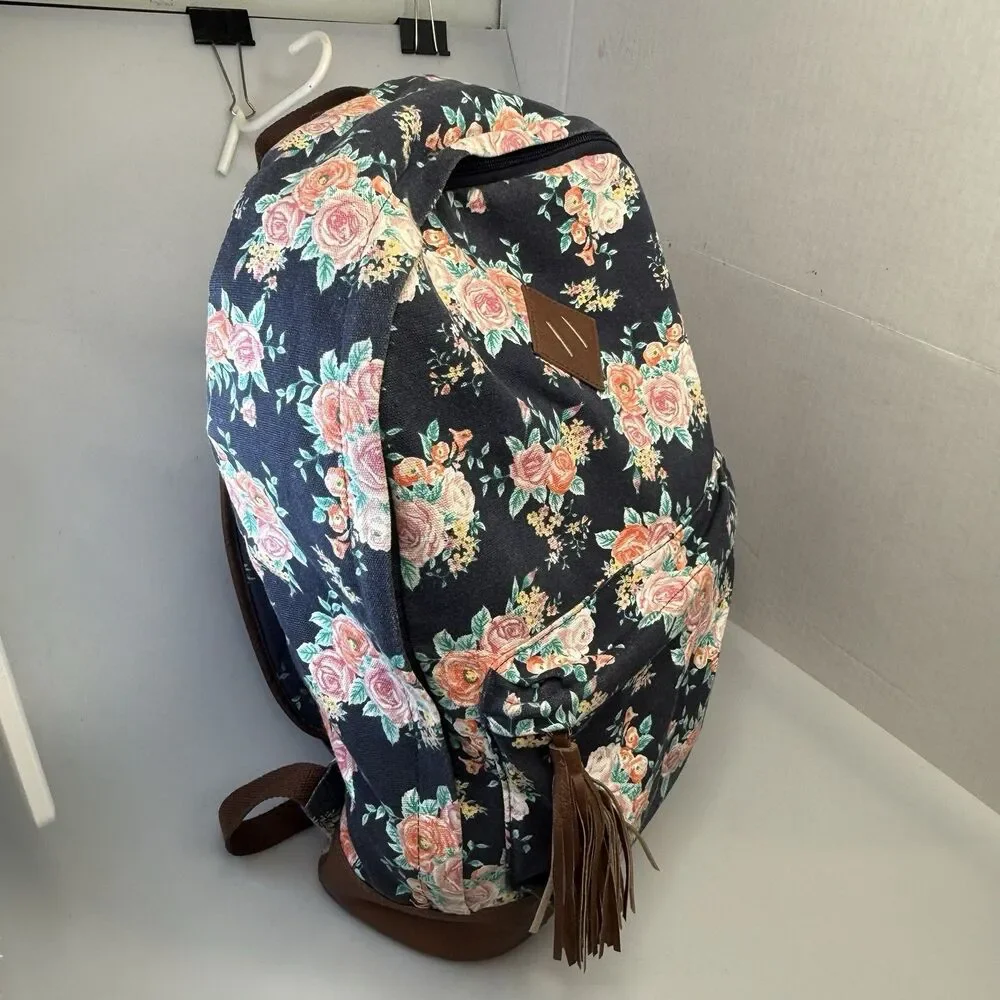MUDD Backpack Canvas Navy Blue Floral Tassel Pulls Faux Leather EUC